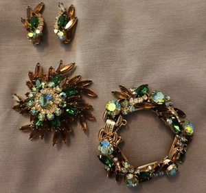 Juliana Pinwheel Brosche Ohrringe Armband Set Vintage Smaragd Topas Strass - Bild 1 von 12