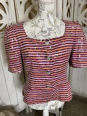 Chaqueta Blazer Rickie Freeman Teri Jon Lentejuelas Rosa Rayas Estrás Talla 10 Foto 1 de 4