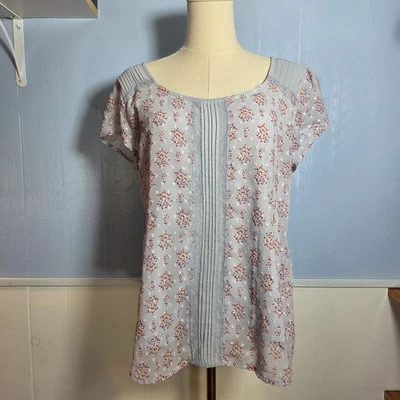 Lauren Conrad Large Blue Red Print Textured Round Neck Cap Sleeve Blouse - Image 1 of 4