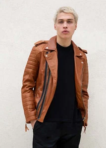 Real Leather Jacket Men's Slim Fit Biker Soft Lambskin Leather Tan Motorcycle - Picture 1 of 6
