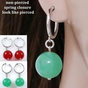 #E118C PAIR Spring CLIP ON EARRINGS 0.5" LUCKY Chalcedony Jade Ball Quality Gift