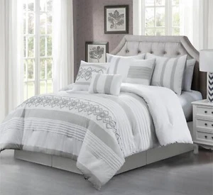 Luxury 7-Piece Chenille Geometric Embroidered Striped Comforter Set, Gray/White - Picture 1 of 7