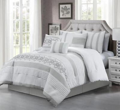Luxury 7-Piece Chenille Geometric Embroidered Striped Comforter Set, Gray/White - Image 1 of 4
