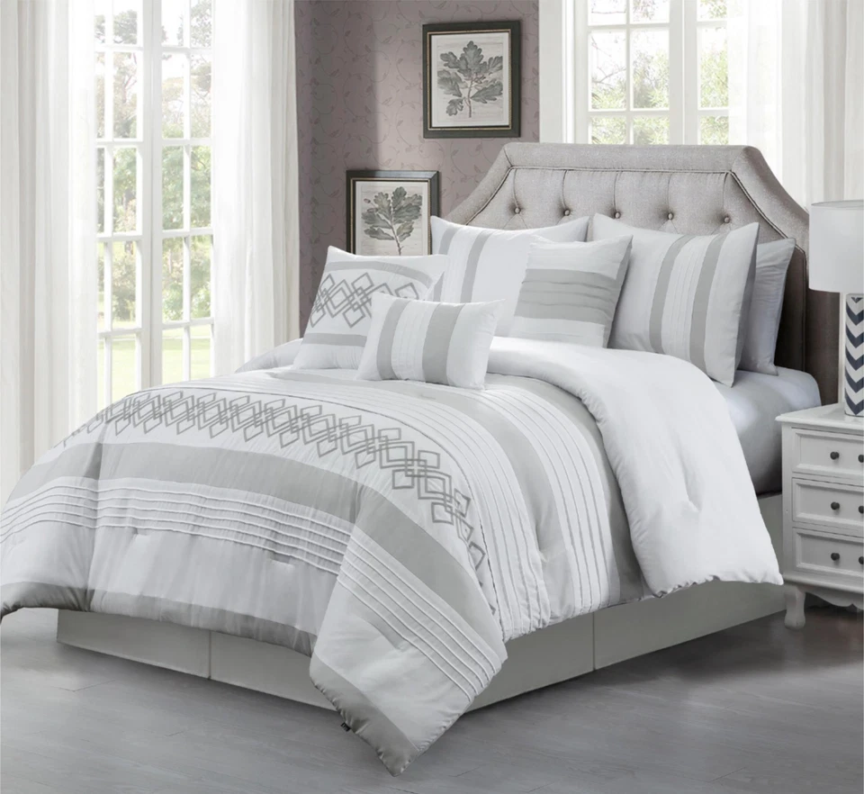Luxury 7-Piece Chenille Geometric Embroidered Striped Comforter Set, Gray/White - Image 1 of 4