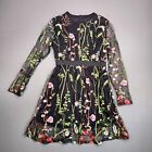 Floral Embroidery Dress Woman's Medium Mesh Round Neck Tunic Party Dress Black 
