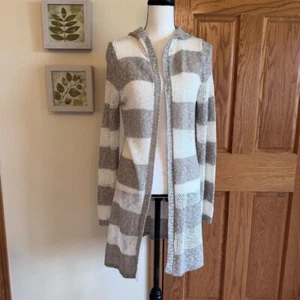 AGB Women's Hooded Longline Cardigan Tan Cream Striped Knit Sweater L - Picture 1 of 8
