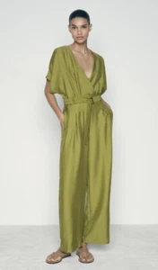 NWT Zara Sz S Small Olive Green Wide Legged Short Sleeved Jumpsuit with Belt New - Picture 1 of 3
