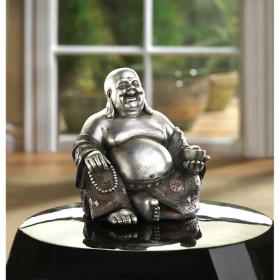 Black Polyresin Felt Pad Happy Sitting Buddha Joyous Tabletop Centerpiece Statue - Image 1 of 4
