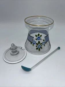 Hand-painted Glass Mustard Jelly Jar With Glass Spoon & Lid Blue & Green Vtg - Picture 1 of 11