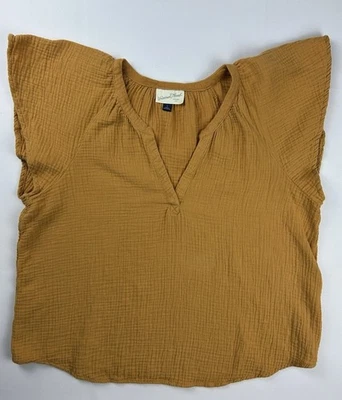 Top de gasa Universal Thread para mujer manga aleteada mostaza cuello en V talla L Foto 1 de 4
