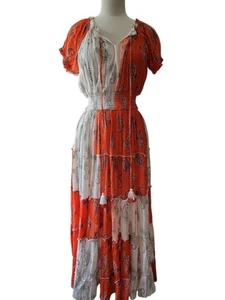 Anthropologie Me 2 Magic Dress Small Orange White Paisley Tiered Boho Maxi  - Picture 1 of 13