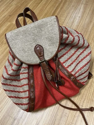 Lucky Brand Linen Burlap Charms Bohemian Drawstring Bucket Bag Backpack - Image 1 of 4