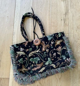 Large Vintage Tapestry Tote Bag with Fringe & Wooden Button – Boho Style - Picture 1 of 14