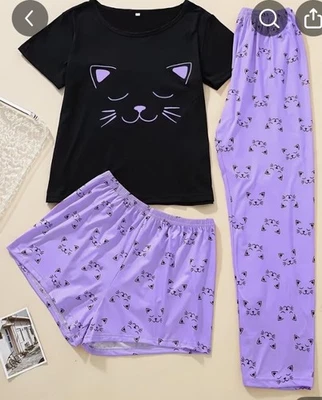 Pijama feminino 3 peças estampa de gato macio manga curta pijama e shorts e calças longas médio - Imagem 1 de 4