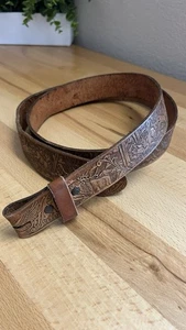 Brown Tooled Leather Belt Strap Deer Eagle Forest Mount Wildlife Hunting Mens - Picture 1 of 13