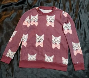 Funny Cat Face Bowtie Long Sleve Shirt Girl Child Size 7 - Picture 1 of 8