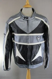 FRANK THOMAS BLACK, SILVER & WHITE LEATHER BIKER JACKET WITH BACK PROTECTOR 46IN - Picture 1 of 9