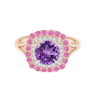 Round Amethyst Pink Sapphire Gemstone 14k Rose Gold Double Halo Women Ring - Image 1 of 4