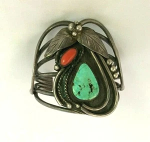 Navajo Native American Vintage 1970s Natural Turquoise & Coral Cuff Bracelet - Picture 1 of 4