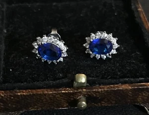 Vintage Style Sapphire And White Gemstones Earrings 18K White Gold Plated - Picture 1 of 3