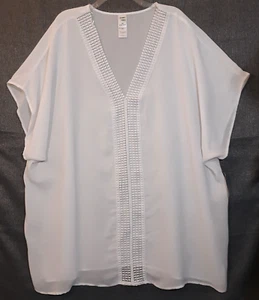 Time & Tru Beach Cover-Up Plus Sz 3X White Semi-Sheer Lacy V-Neck Long Tunic NWT - Picture 1 of 13