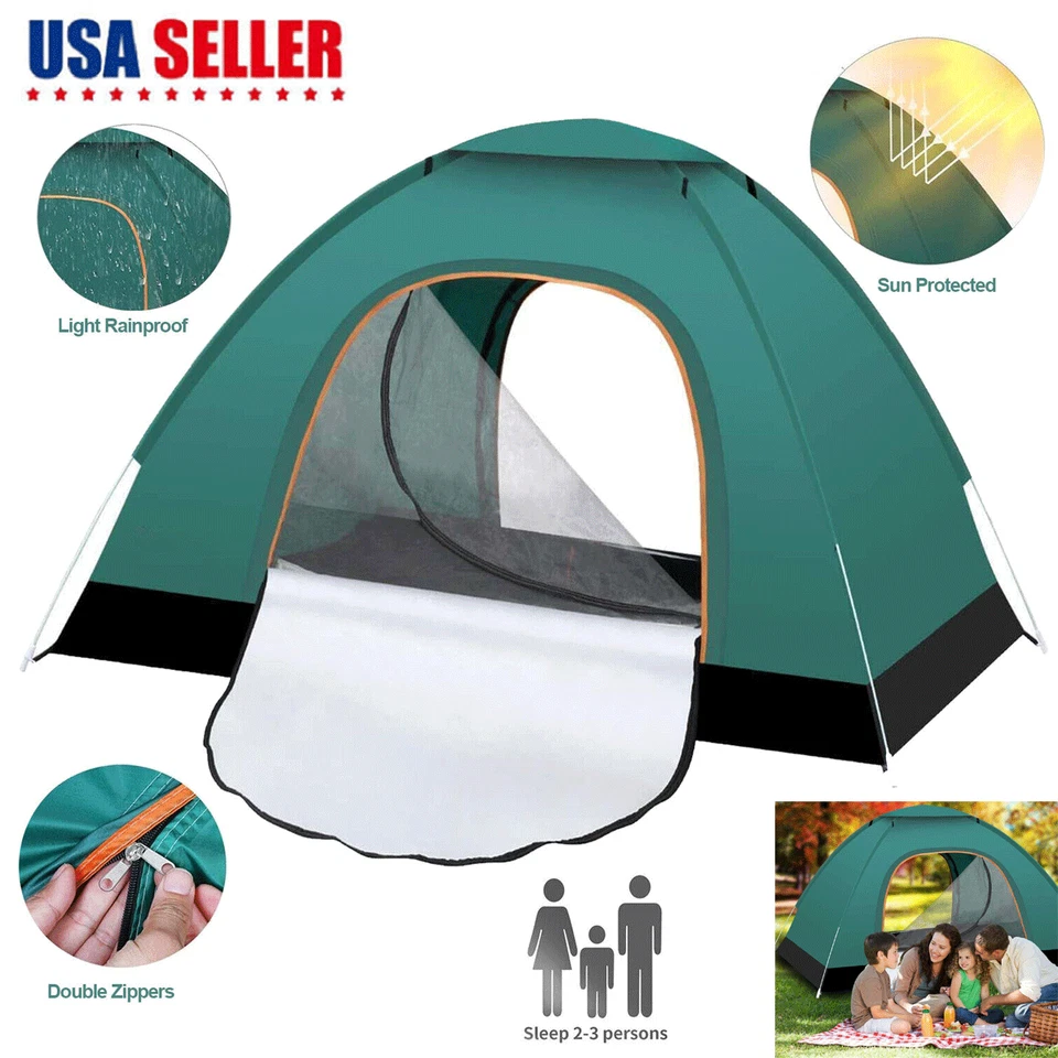 Camping Tent - 3-Person Easy Pop Up Tent with 2 Doors Waterproof Outdoor Hiking - Image 1 of 4