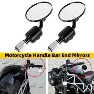 Black Motorcycle Handle Bar End Mirrors Round 7/8" For Cafe Racer Bobber Cruiser - Picture 1 of 12