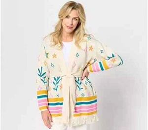 Denim & Co. Canyon Retreat Wrap Front Fringe Sweater Ecru X-Large A642444 - Picture 1 of 1
