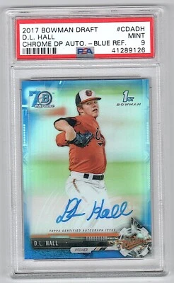 2017 Bowman Chrome Draft 70th Blue Refractor D.L. Hall Rookie Auto #/70 PSA 9 - Image 1 of 2