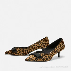 Zara Leopard Print Ponyhair Leather Kitten Heel Bow Pump 37 6.5 7 pointy toe - Picture 1 of 5