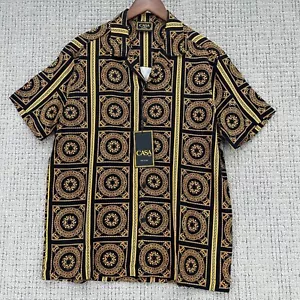 Casa Moda Couture Shirt Mens Size S Black Mustard Button Down Greek Pattern - Picture 1 of 9