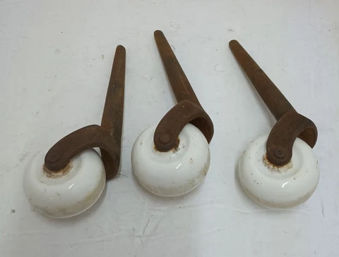 Set of 3 Antique Heavy Duty White Porcelain Casters 2" Wheel Cover