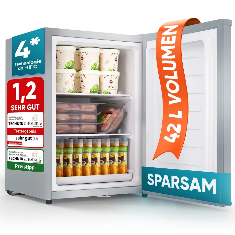 Mini-Gefrierschrank mit Schloss E 42L, 4-Sterne, Leise, Gefrierbox, Silber - Bild 1 von 4