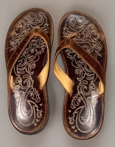 Olukai Damen Gr. 7 Paniolo braune Flip-Flop Riemen Leder Sandalen (G1) - Bild 1 von 12