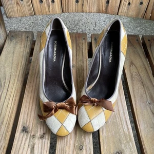BCBG MaxAzria Pump Rockabilly Yellow White Plaid Leather Heels Womens Size 9.5 - Picture 1 of 15