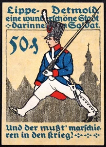 DETMOLD 1920 "Marching Soldier with Bayonet Rifle" 50 Pfennig German Notgeld - Picture 1 of 2