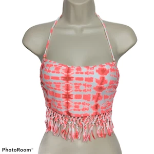 NWT Raisins Womens Bali Bandini Swimsuit Top Size Small Orange White Fringe - Picture 1 of 4