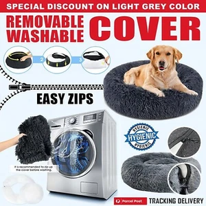 Dog Cat Pet Calming Bed Washable ZIPPER Removable Cover Warm Soft Plush Round - Picture 1 of 40