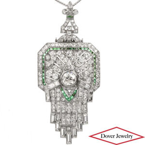 Antique Art Deco Diamond 9.52ct Emerald Platinum Fleur De Lis Brooch Pendant