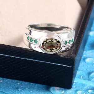 Anillo De Hombre De Cuarzo Ahumado Natural Y Ónix Con Plata De Ley 925 #5720 - Imagen 1 de 4