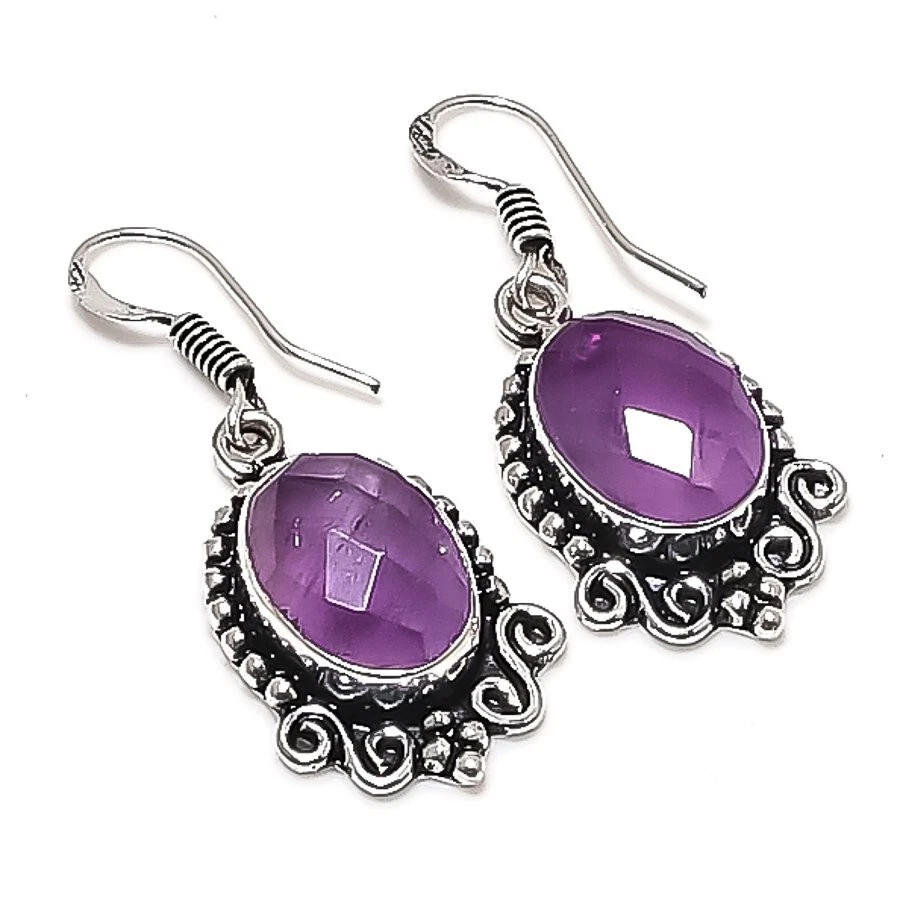 Purple Amethyst Gemstone Handmade 925 Sterling Silver Jewelry Earring Size 1.5" - Image 1 of 1