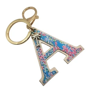 Lilly Pulitzer Bag Charm Keychain Alphabet Letter A Initial Gold Blue Floral - Picture 1 of 4