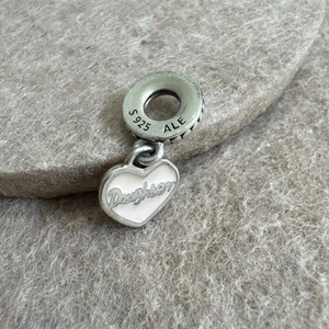 Pandora Sterling Silver Pink Enamel Puffy Heart Daughter Dangle Charm CZ Stones - Picture 1 of 4