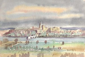 Belle Aquarelle De La Cité D Avignon, 1993 - Imagen 1 de 11