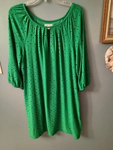 London Times Dress Women Sz 16 Green Geometric Shift Midi Crochet Short Sleeve - Picture 1 of 4