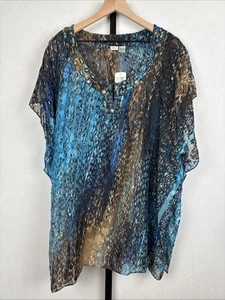 NEW Chico's Semi-Sheer Beaded Tunic Blouse Size M/L Blue Animal Print Artsy Silk - Picture 1 of 9