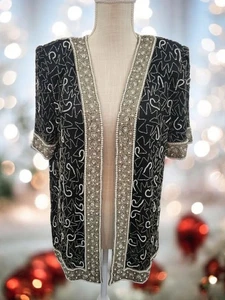 Top de noche Laurence Kazar con cuentas perlas 100 % seda negro blanco talla M túnica de colección - Imagen 1 de 12