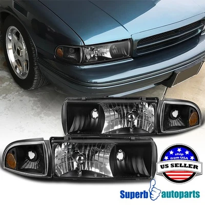 Fits 1994-1996 Chevy 94-96 Impala Black Headlights Head Lamp w/ Corner Lights Foto 1 de 4