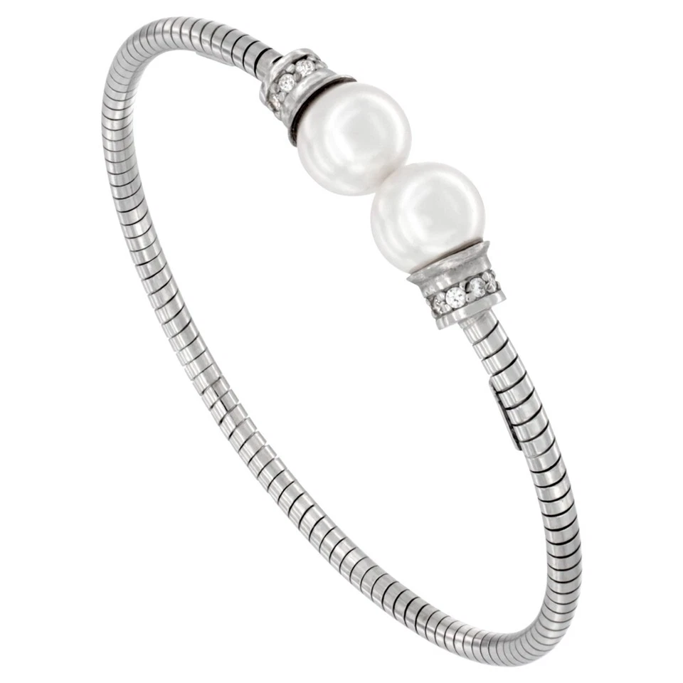 925 Sterling Silver Pearl and CZ Cuff Bangle Rhodium Finish Bracelet, 7" Long - Image 1 of 1