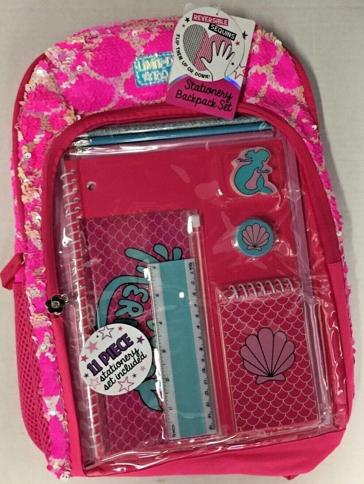 Conjunto de Mochila de Papelaria Limited Too MERMAID Rosa Lantejoulas Reversíveis - Conjunto de 12 Peças - Imagem 1 de 4